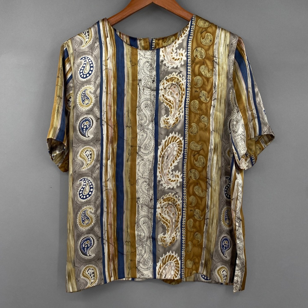 Vtg 80s Graff Paisley Stripe Blouse Womens Sz 16 Gold  Maximalist Silky